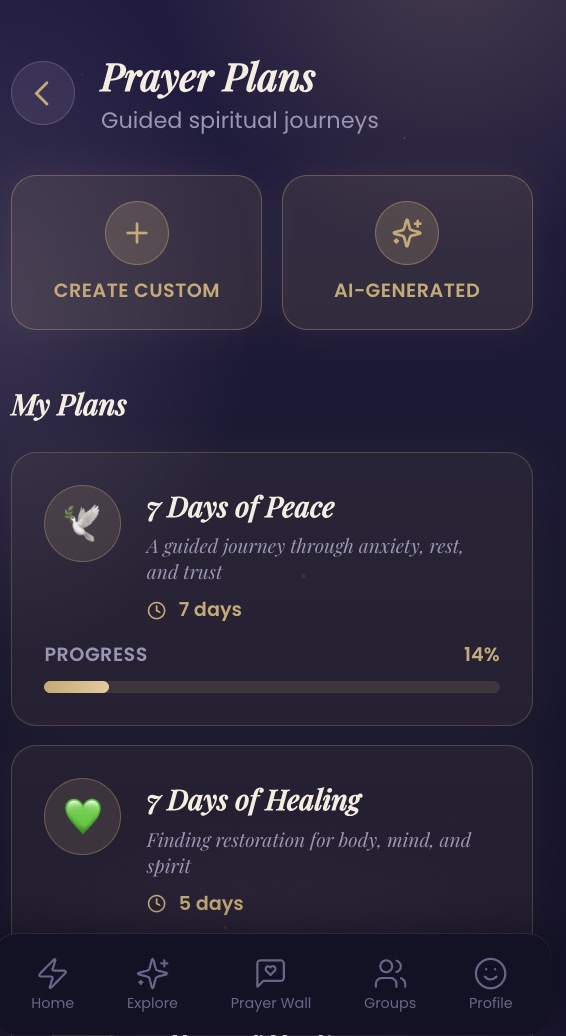 Prayer Plans in Unspoken: guided spiritual journeys including 7 Days of Peace and 7 Days of Healing, with your progress