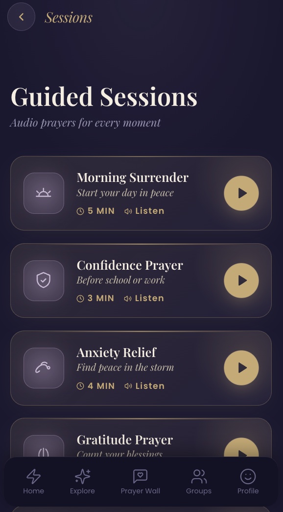 Guided Sessions in Unspoken: audio prayers for every moment, including Morning Surrender, Confidence Prayer, and Anxiety Relief