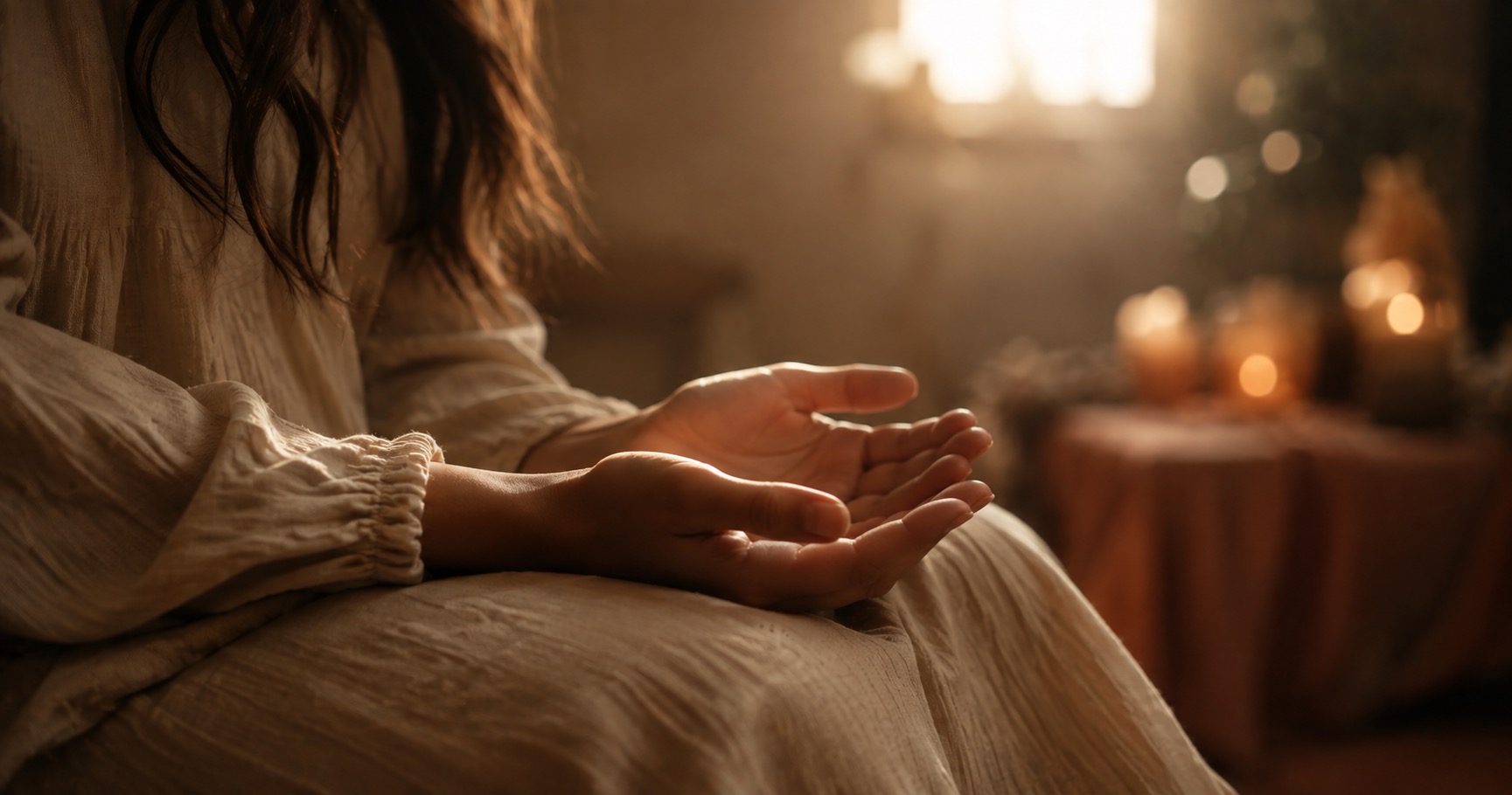 A woman sits with open, empty hands resting upward in her lap, candles glowing nearby in warm evening light