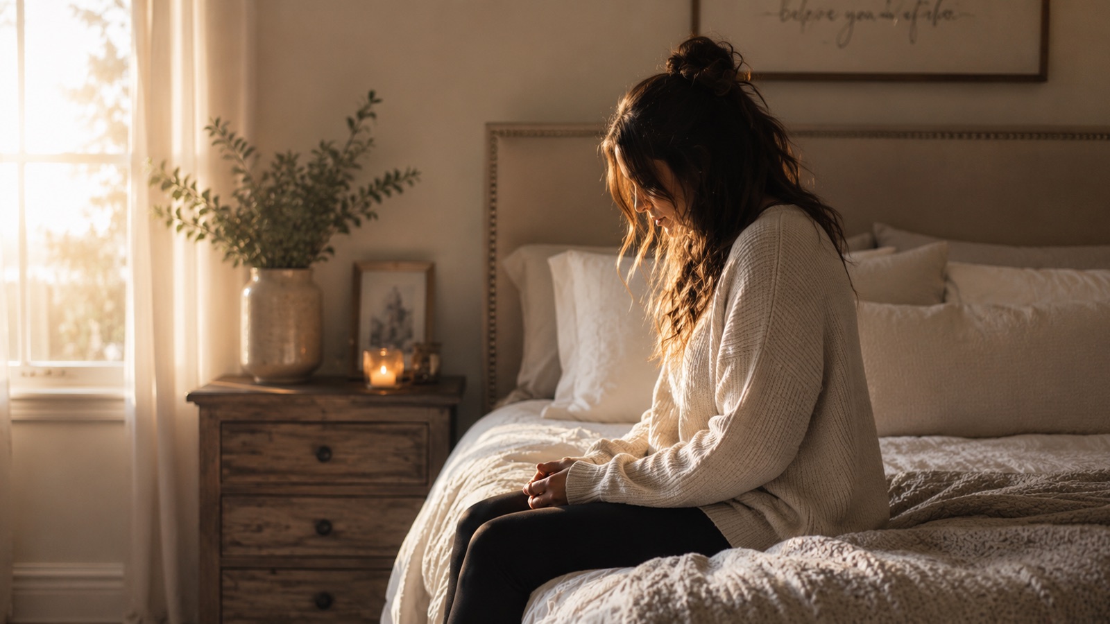 A woman in a cream sweater sits on the edge of her bed at golden hour, head bowed and hands folded, praying quietly