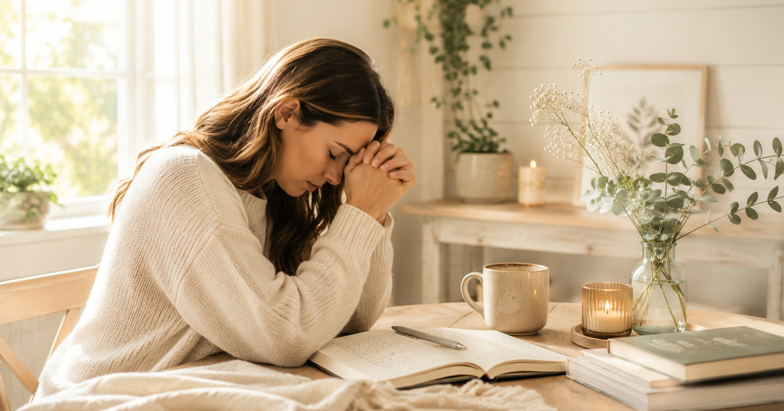 A woman sitting at a sunlit table with her head bowed and hands folded over an open journal, praying quietly