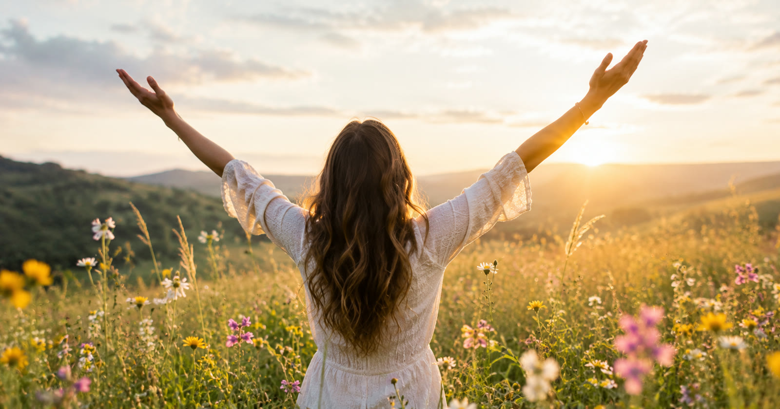 A woman standing in a wildflower meadow at sunrise with her arms lifted to the light