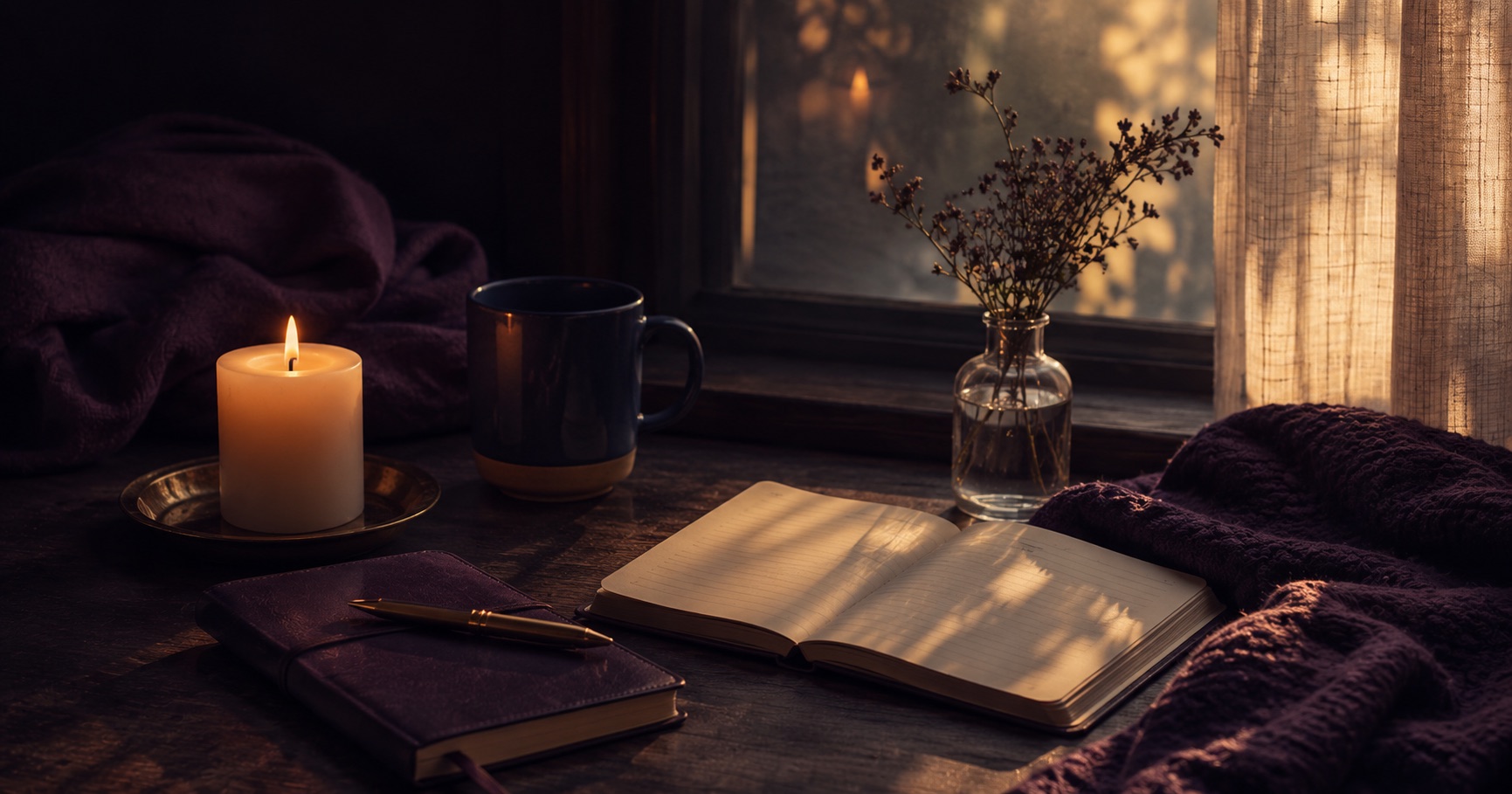 A lit candle, an open journal with a pen, a mug and dried flowers on a windowsill at dusk — a quiet place to pray