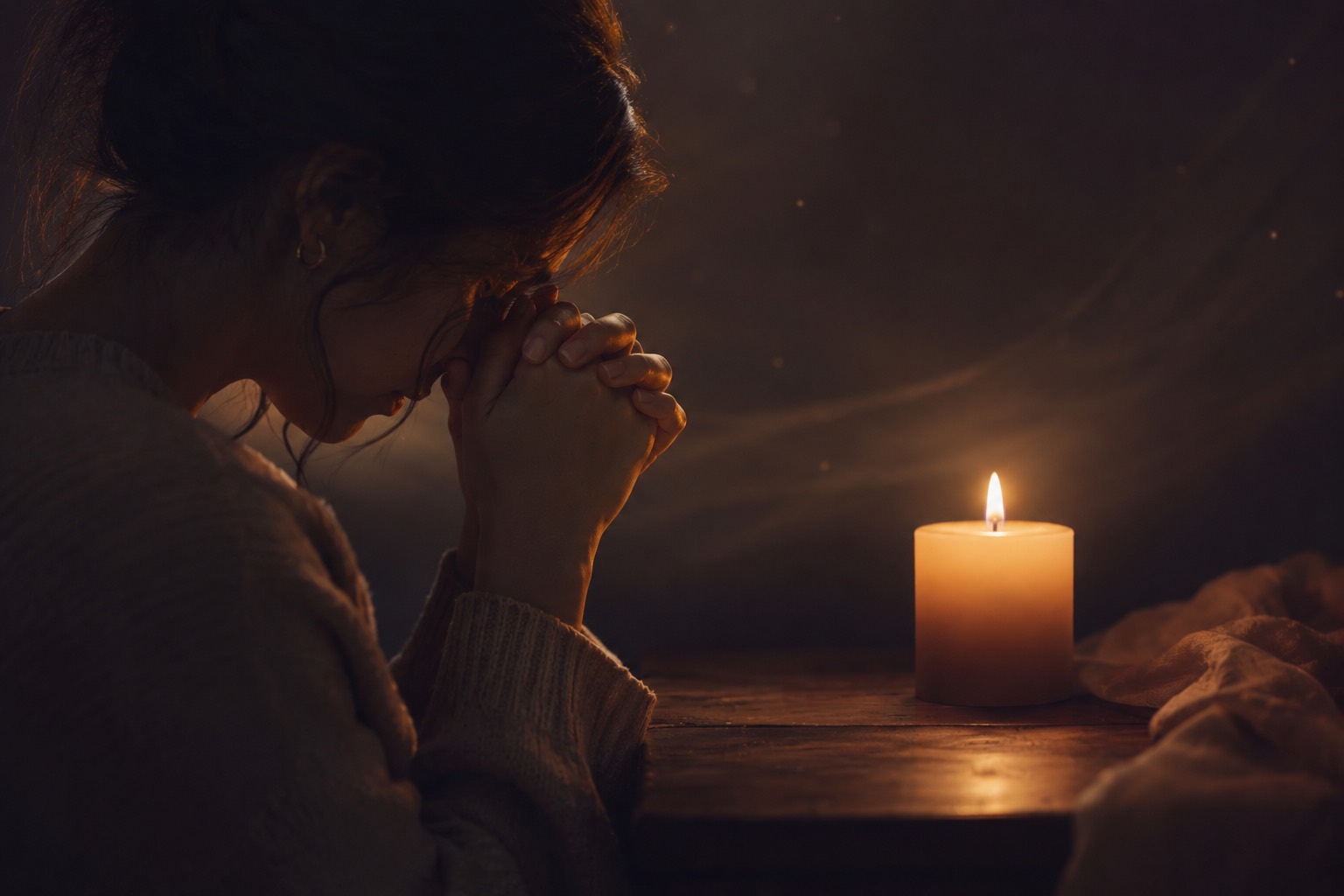 Woman praying silently in candlelight — prayer without words