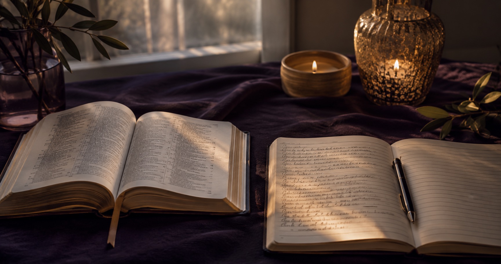An open Bible beside an open handwritten prayer journal, lit by candles on a plum cloth at dusk